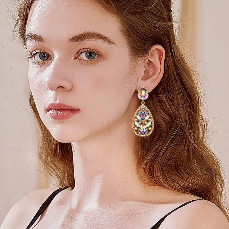 EleQueen Women's Wedding Bridal Austrian Crystal Bohemia Teardrop Chandelier Dangle Earrings Iridescent Clear Gold-Tone - Image 3
